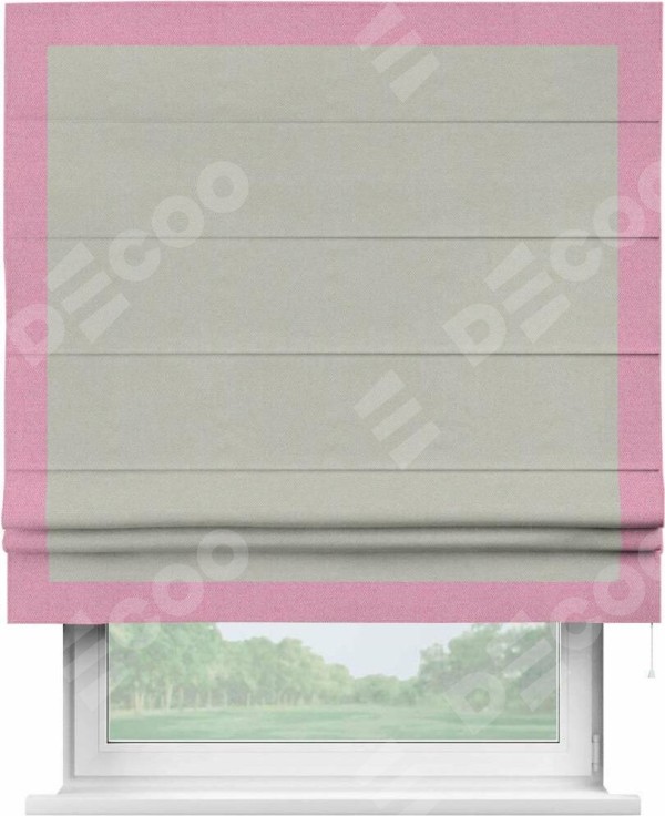 Римская штора «Кортин» с кантом Чесс, для проема, ткань лён димаут, светло-серый