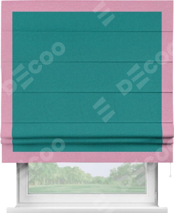 Римская штора «Кортин» с кантом Чесс, для проема, ткань лён димаут, тёмно-бирюзовый