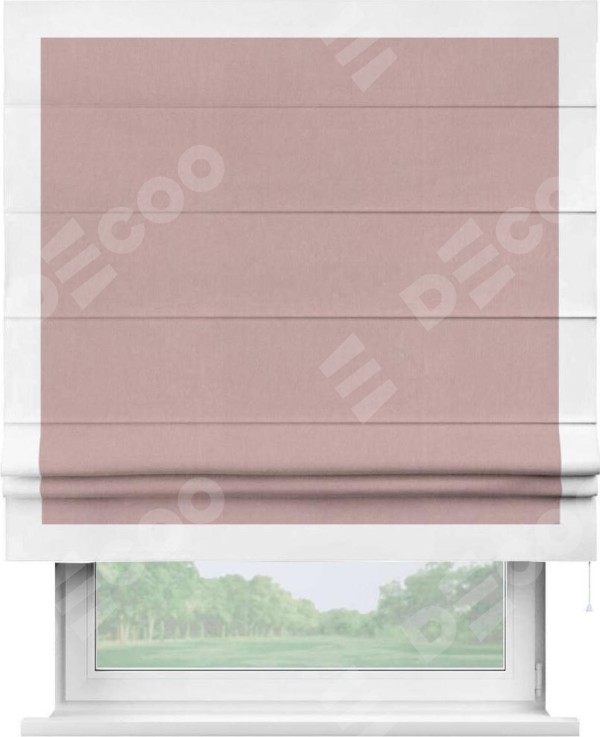 Римская штора «Кортин» с кантом Чесс, для проема, ткань вельвет розовая пудра