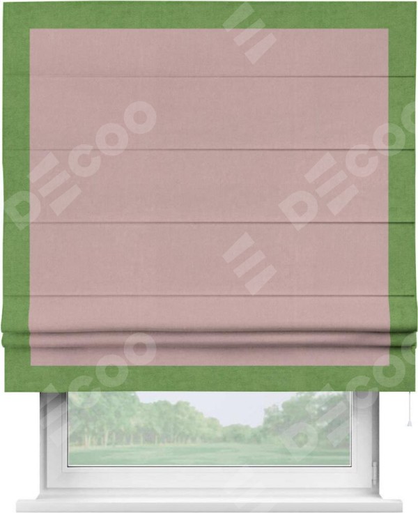 Римская штора «Кортин» с кантом Чесс, для проема, ткань вельвет розовая пудра