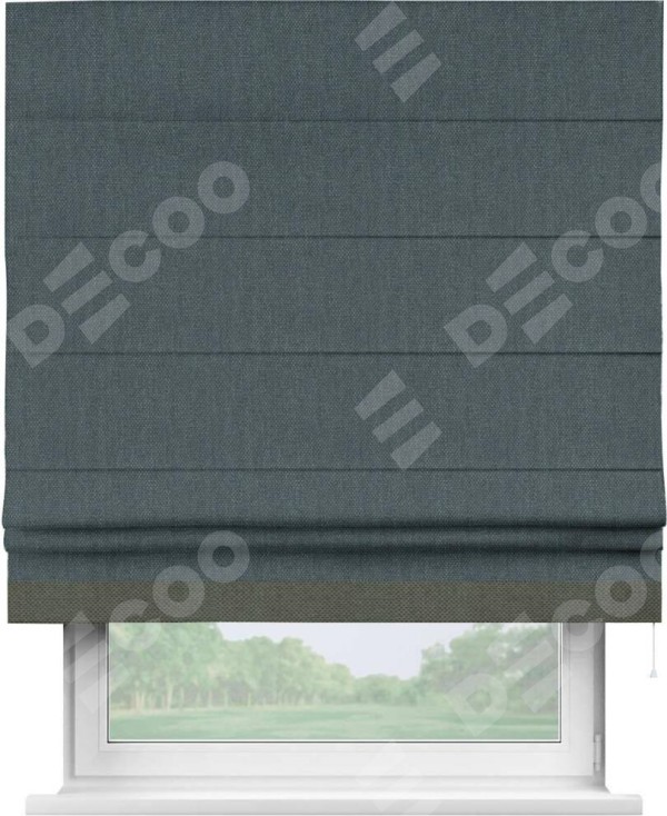 Римская штора «Кортин» с кантом Джестер, для проема, ткань лён димаут, серо-синий